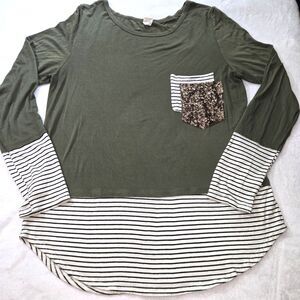 Vintage 7th Ray Women's Green White & Black Stripes Rhinestone Pocket Shirt XL
